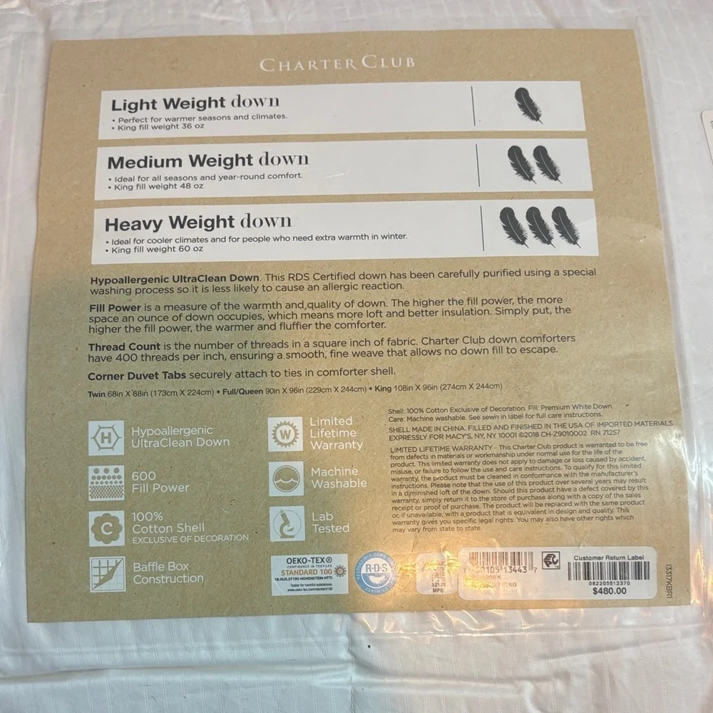 Charter Club medium Weight Down Comforter